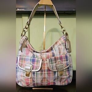 COACH Poppy Madras Pastel Tartan Plaid Metallic gold leather Shoulder Bag